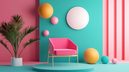 Aufkleber - Minimalist Pink and Teal Interior Design with Chair and Palm Plant.