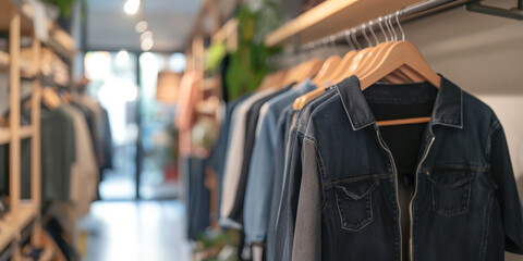 Wall Mural - A clothing store with a variety of denim clothing on display. The store is well lit and the clothes are hanging on racks