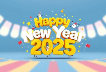 3D rendering of the text 'Happy New Year 2025' in a whimsical style, adorned with cartoonish characters celebrating around it, ai