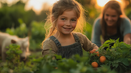 Family fun at a countryside farm, children feeding animals, parents picking fruits, scenic rural setting, golden hour lighting, wholesome and peaceful