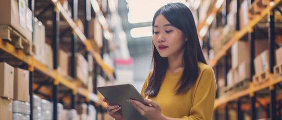 Wall Mural - A focused young woman in a yellow shirt is using a digital tablet while standing in a warehouse, meticulously managing inventory.