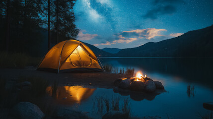 Wall Mural - camping trip by a lakeside, setting up a tent, roasting marshmallows by the fire, starry night sky above, warm and adventurous atmosphere, nature and togetherness