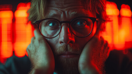 Poster - Stock broker in shock at a sudden market collapse, surrounded by red graphs and falling stock prices, head in hands, overwhelmed by the financial crisis