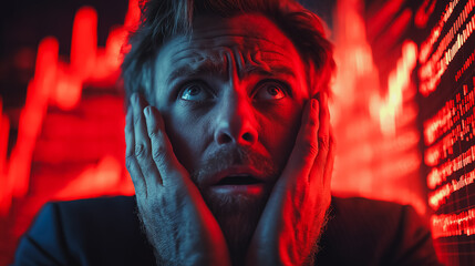 Poster - Stock broker in shock at a sudden market collapse, surrounded by red graphs and falling stock prices, head in hands, overwhelmed by the financial crisis