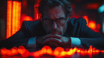 Poster - Stock broker in shock at a sudden market collapse, surrounded by red graphs and falling stock prices, head in hands, overwhelmed by the financial crisis