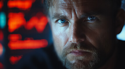 Poster - It's a close-up of a man's face with blue eyes, a beard, and a serious expression.
