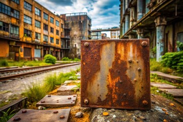 weathered rusty metal plate old abandoned factory decrepit decaying urban landscape gritty grimy dirty neglected forgotten forgotten nostalgia