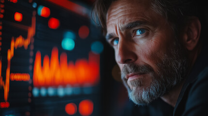 Poster - A man with gray hair and a beard is looking at a computer screen with charts and graphs.od