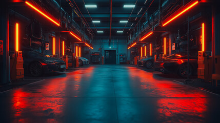 Poster - Modern auto check in a high-tech car service shop, mechanic using advanced diagnostics tools, sleek cars being serviced, clean and organized environment, professional and efficient