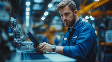 Poster - A man in a blue uniform is working on a machine, looking at a laptop. There's also a large machine in the background.