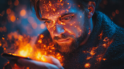 Poster - Caucasian man using smartphone in the metaverse, surrounded by floating holographic interfaces of social media, e-commerce, and gaming, intense focus, cutting-edge visualization of web network