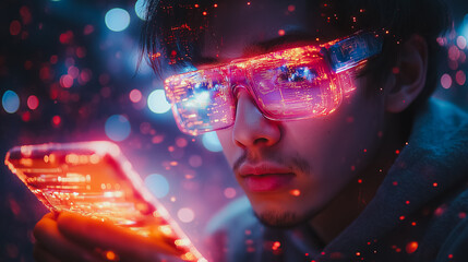 Poster - Caucasian man in a virtual metaverse environment, engaging with smartphone as animated streams of social media, e-commerce, and games surround him, detailed and vibrant visualization of web network