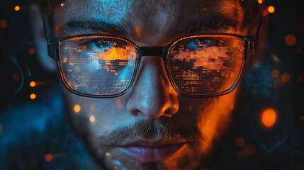 Poster - Man's portrait in the metaverse, using a smartphone with interactive streams of digital interfaces for social media, online shopping, and gaming, futuristic and visually rich, innovative and connected