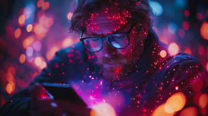 Poster - Caucasian man using a smartphone in a digital metaverse environment, animated streams of social media, e-commerce, and influencer content surrounding him, futuristic web network visualization