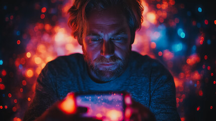Poster - Caucasian man using a smartphone in a digital metaverse environment, animated streams of social media, e-commerce, and influencer content surrounding him, futuristic web network visualization