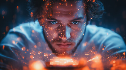 Poster - a man with blue eyes, looking at a phone with a light effect.