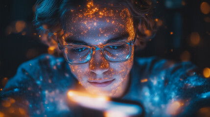 Poster - a young man with glasses, looking at a phone with a light effect on his face.