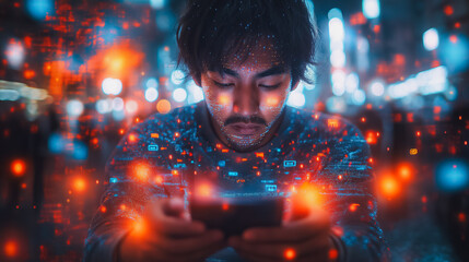 Poster - Portrait of a Caucasian man exploring the metaverse on his smartphone, surrounded by floating interfaces of social media, shopping, and gaming, immersive visualization of the internet