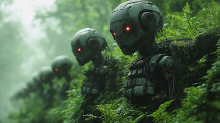 Majestic robot guardians in an ancient forest, overgrown vines, glowing eyes, mystical atmosphere, deep shadows, ethereal light beams breaking through dense foliage