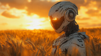 High-tech robot blending into a field of golden wheat, wind gently swaying the stalks, sunset hues painting the sky, peaceful fusion of agriculture and robotics, hyper-realism