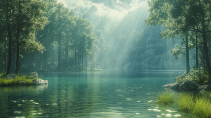 Wall Mural - A robot emerging from a crystal-clear lake in a serene forest, rays of sunlight breaking through the clouds, perfect blend of nature and machine