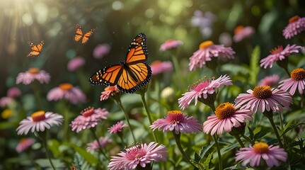 Monarch butterflies and pink summer flowers.generative.ai