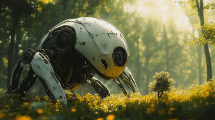Poster - A robot planting trees in a dense forest, using advanced eco-friendly technology, harmonious blend of machine and nature