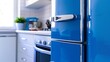 © suyu - Retro Style Blue Refrigerator with Stainless Steel Handles in Modern Kitchen Interior, Highlighting a Perfect Blend of Vintage Design and Contemporary Household Appliance Aesthetics