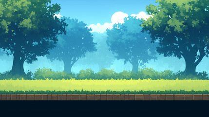 Wall Mural - An arcade-level 2D video game scene with a forest background, including ground platforms and trees.