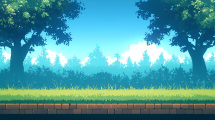 Wall Mural - An arcade-style 2D forest background for a gaming level, featuring ground platforms and trees.