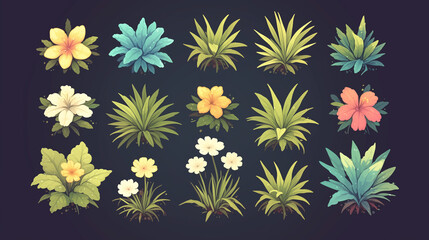 A collection of 2D fantasy flowers with different colors and shapes, isolated and crafted with bright, juicy hues for mobile game assets.