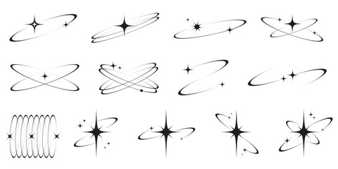 Wall Mural - y2k icons of star shapes shiny glitter elements. abstract retro minimal twinkles set with cosmic orb
