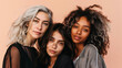 © Alina Tymofieieva - Portrait of three multiracial friends in stylish clothes against a soft light background. Beautiful women posing indoors. Beauty and fashion concept.