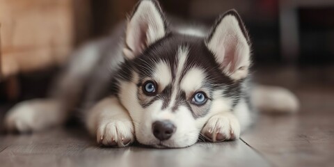 Wall Mural - A small dog with blue eyes lays on a wooden floor. The dog is looking at the camera