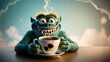 © Tetiana - A cheerful creature with green scales enjoys a hot cup of coffee