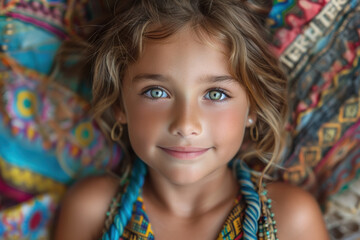 A portrait of a joyful girl with captivating blue eyes and a vibrant, colorful background.