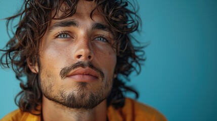 A young handsome male model with long black curly hair gazes away, set against a blue background with space for text.