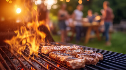 Golden Hour Backyard Party with a Barbecue Grill on Fire, Hot Dogs and Steaks Cooking, People Enjoying the Atmosphere in the Background, Captured in High Definition with Shallow Depth of Field