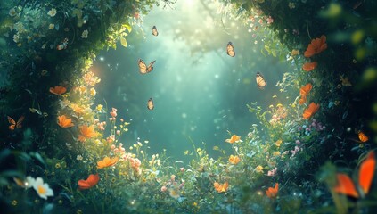 Wall Mural - A whimsical fairy ring surrounded by lush greenery and vibrant flowers