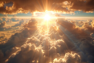 Wall Mural - Golden sunlight breaking through clouds evoking a sense of divine presence and spiritual hope