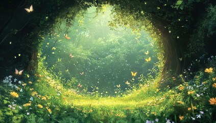 Wall Mural - A whimsical fairy ring surrounded by lush greenery and wildflowers, with butterflies