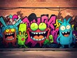 © SetCartoon - Graffiti Art Featuring Four Cartoon Monsters on a Brick Wall