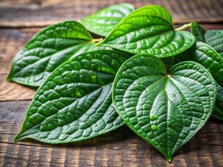 Fresh green betel leaves with water droplets on a wooden background, highlighting their natural medicinal properties for female health and menstrual relief.