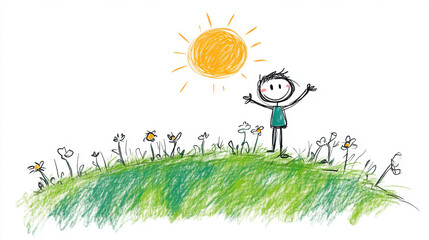 Whimsical doodle of a joyful child standing on a grassy hill with arms raised, surrounded by flowers and the sun shining brightly.