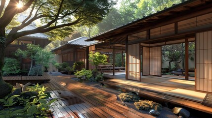 Wall Mural - A serene Japanese garden with traditional wooden architecture and lush greenery.