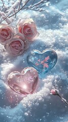 Wall Mural - Digital winter snow heart shaped gem poster background
