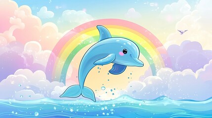 Wall Mural - A cartoon dolphin performing a flip out of the water, with a rainbow and happy clouds in the background.