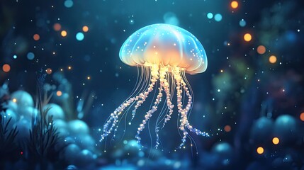 Wall Mural - A cartoon jellyfish floating through a sea of stars, with glowing tentacles and a dreamy underwater background.