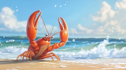 Poster - A cartoon lobster waving its claws in a friendly gesture, with a sandy beach and ocean waves behind it