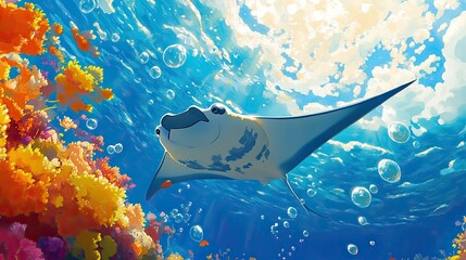 Wall Mural - A cartoon manta ray gliding through the water, with animated bubbles trailing behind, in a vibrant underwater scene.